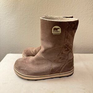 Sorel Womens Glacy Winter Boots - Brown Suede Sherpa Lined Mid Calf Flat Pull On